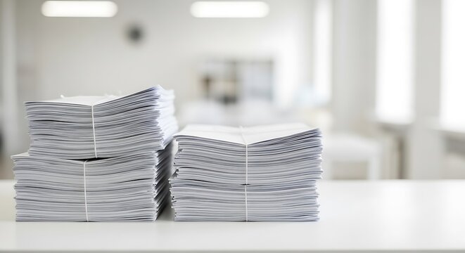 Large stacks of important white envelopes and documents tied with string are neatly organized on a bright, minimalist office desk, ready for distribution or processing.