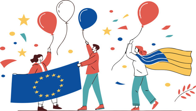 Europe day celebration with group of friends holding european union and kosovo flags and balloons