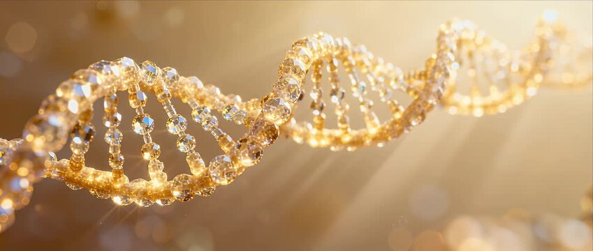 Golden dna helix molecule strand with sparkling crystal structure glowing science background abstract biotechnology research luxury biology art genetic code glow