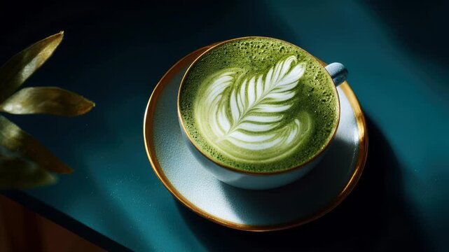 sunlit matcha latte in ceramic cup, leaf latte art on vibrant green foam, ornate saucer, soft botanical shadows, high contrast morning light, moody minimalist
