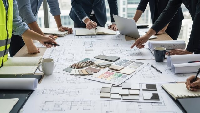 Team collaborates on architectural plans examining blueprints and color swatches