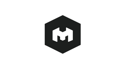 Obraz premium Modern Abstract Geometric Icon with White Stylized Letter M in a Black Hexagonal Shape on White Background