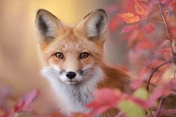 Obraz premium Red fox partially visible among colorful autumn foliage, showcasing vibrant orange fur and distinctive facial features in a natural outdoor setting