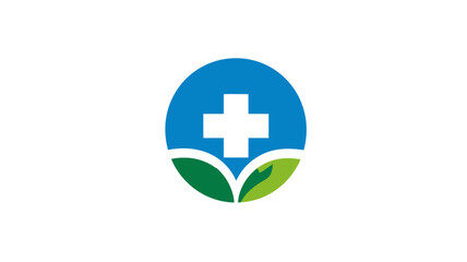Obraz premium Abstract medical cross in blue circle with green leaves. Concept of natural health, holistic wellness, alternative medicine, and healthcare.