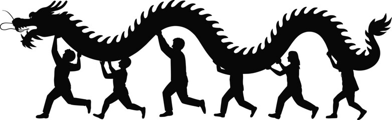 Chinese dragon dance silhouette vector illustration, performers carrying traditional dragon in cultural festival parade isolated black figures on white background