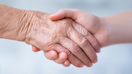Elderly hand holding young hand close up, showing care and with soft background and natural skin texture in minimal style editorial photograph