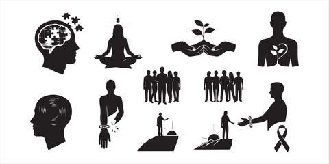 Human emotions silhouette set, mental health feelings poses collection, expressive body language illustrations, black vector characters isolated on white background © Topu