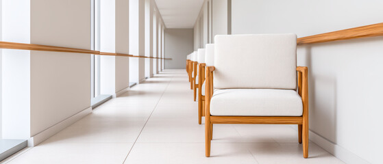 Fototapeta premium Modern corridor with wooden armchairs and white cushions aligned along wall, bright natural light from large windows, clean minimalist interior design with tiled floor