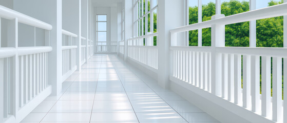 Fototapeta premium Bright white corridor with large windows and railings, reflecting natural light on shiny tiled floor, creating clean and airy atmosphere with green trees visible outside