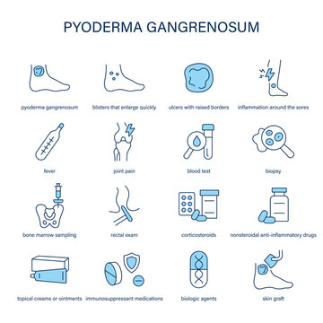 Pyoderma Gangrenosum symptoms, diagnostic and treatment vector icon set.