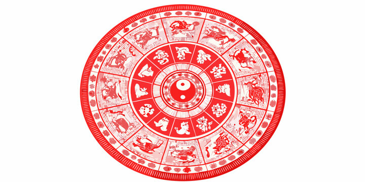 A circular red design featuring twelve zodiac animals and central symbols