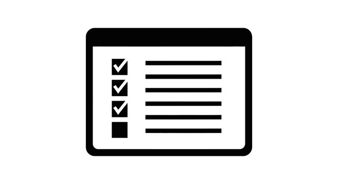 A black and white icon depicting a checklist within a rectangular frame representing tasks high quality