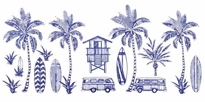 Tropical beach scene with palm trees surfboards and vintage vans
