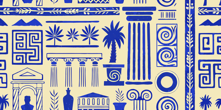 Blue and white repeating pattern featuring ancient greek architectural elements