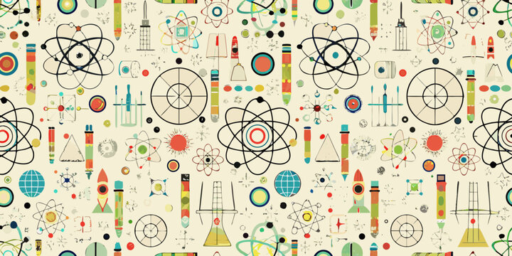 Colorful science themed pattern featuring atomic structures and lab equipment