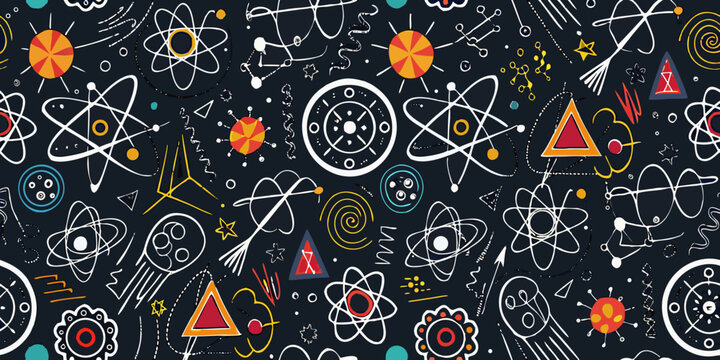 Seamless pattern of hand drawn science and atomic structure elements