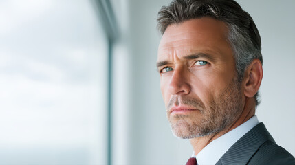 Fototapeta premium Confident man mature man serious expression business attire close up blue eyes gray hair facial hair indoor natural light professional thoughtful focused middle aged caucasian formal wear suit tie