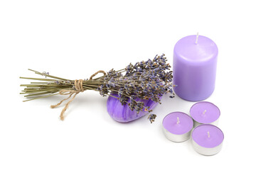 Aromatic Lavender Stems and Scented Tealights isolated on white