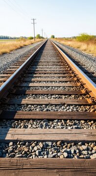 Heavy gauge steel railway tracks stretching toward the horizon, supported by wooden crossties and crushed stone ballast. Essential infrastructure, gravel, industry, gauge