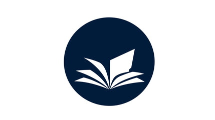 Minimalist open book icon within a dark blue circle, symbolizing education, learning, knowledge, and literature. Graphic design element.