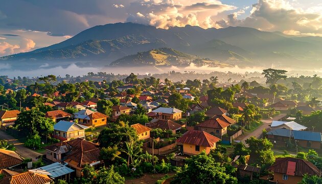 Serene village scene houses nestled among trees, mountain backdrop, morning mist, bright sky