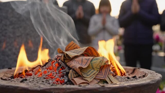 Chinese family burning joss paper at grave honoring ancestors