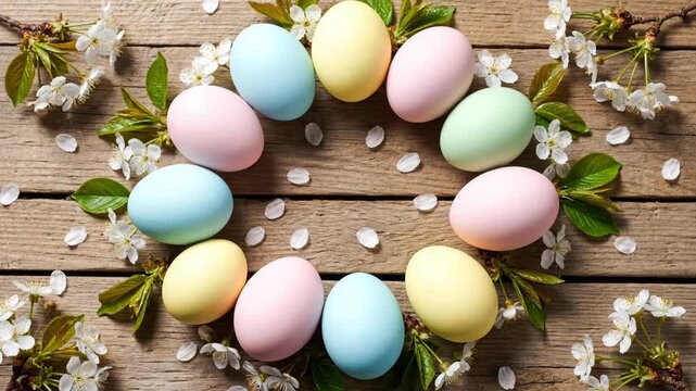 Easter stop motion animation sequence with pastel eggs forming a circle. Spring cherry blossoms appear to create a festive wreath on a rustic wooden table for a holiday greeting