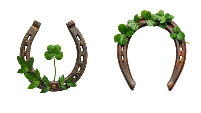 Vintage horseshoe with clover isolated on white