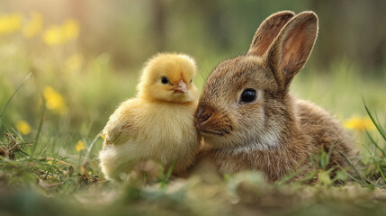 Cute baby chick and young rabbit resting peacefully together in a lush green meadow during springtime. © Umaira