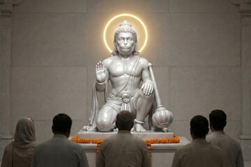 Hanuman Idol 3D Semi-Realistic | Silver Marble Murti | Golden Halo & Gada | Minimal Elegant Temple Interior | Premium Devotional Art