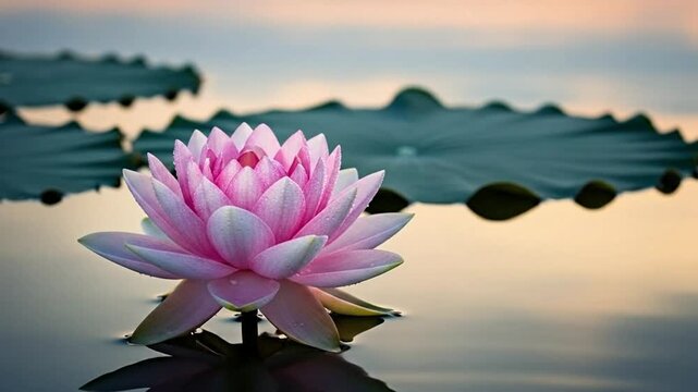 A serene pink lotus flower blossoms in a tranquil pond setting.