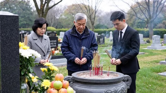 Chinese Family Incense Offering at Grave Site Ceremony