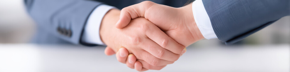 Firm handshake business agreement professional greeting close up side angle cooperation partnership two people suit sleeve formal attire trust teamwork communication negotiation office setting