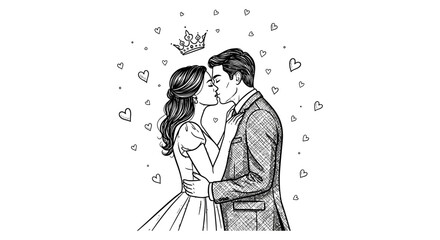 Fototapeta premium A romantic sketch depicts a couple deeply kissing surrounded by hearts and a floating crown