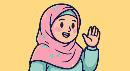 Muslim Woman Wearing a Pink Floral Hijab Cheerfully Waving Hand © Choate