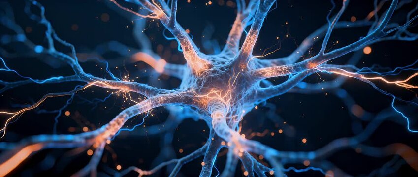 Neuron nerve network synapse brain electric biology blue orange glow neural network energy connection science abstract background concept for medical research futuristic technology design with
