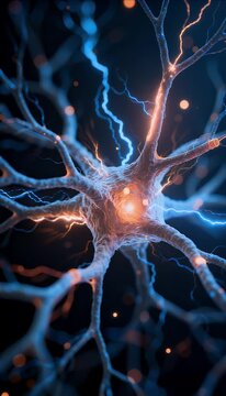 Pure science neuron background with glowing nerve cell energy swirl and abstract electric synapse concept, dynamic neural network axon dendrite connection pattern, brain biology science impulse