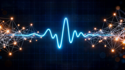 Vibrant pulse line oscillates in a medical network with glowing connections and nodes on a dark background