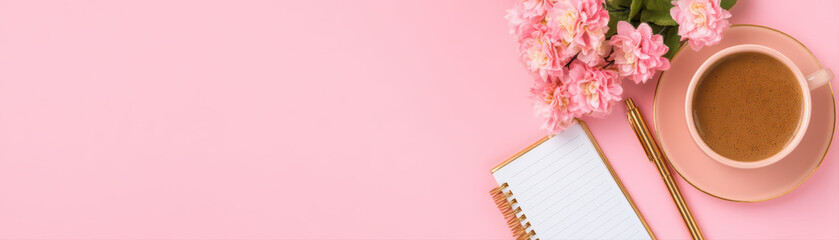 Pink flowers cup of coffee notebook and pen on pastel pink background with copy space for text or design, cozy and feminine workspace concept