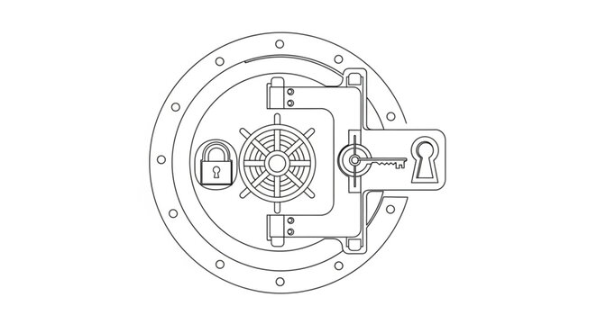 Detailed blueprint illustration of a circular vault door mechanism.