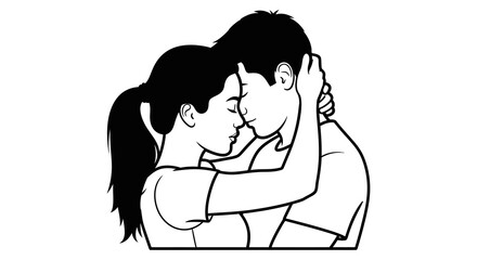 A black and white illustration depicts a couple embracing in a tender intimate moment high quality