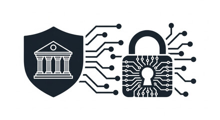Digital security concept with bank building shield and padlock. © arjuna davin