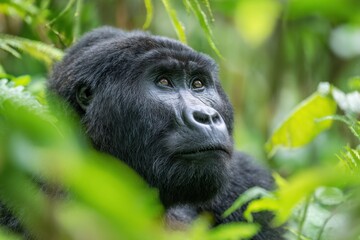 Obraz premium Large mountain gorilla resting among lush green foliage in a dense forest, showcasing its distinctive features and serene expression in a natural habitat