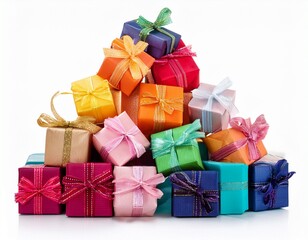 pile of colorful gift boxes with ribbons isolated on white background