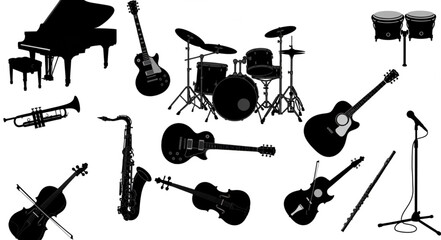 Collection of musical instruments silhouettes on white background. © Akik
