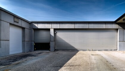 Fototapeta premium modern industrial garage with rolling shutter doors and concrete wall featuring an open entrance and closed security screen