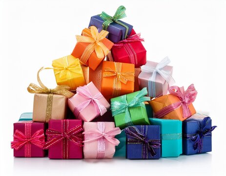 pile of colorful gift boxes with ribbons isolated on white background