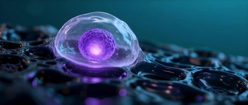 Pure science cell background glowing neon light reflection with abstract biology research microscopic cell structure on dark laboratory surface futuristic glowing nucleus digital illustration