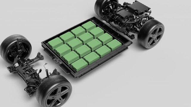 Gray electric car platform with glowing green energy lines.