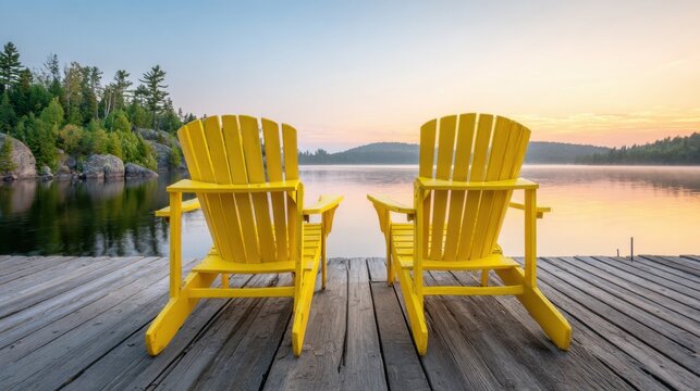 Two bright yellow Adirondack chairs positioned on a wooden dock overlooking a serene lake at sunrise, surrounded by lush green trees and rocky formations